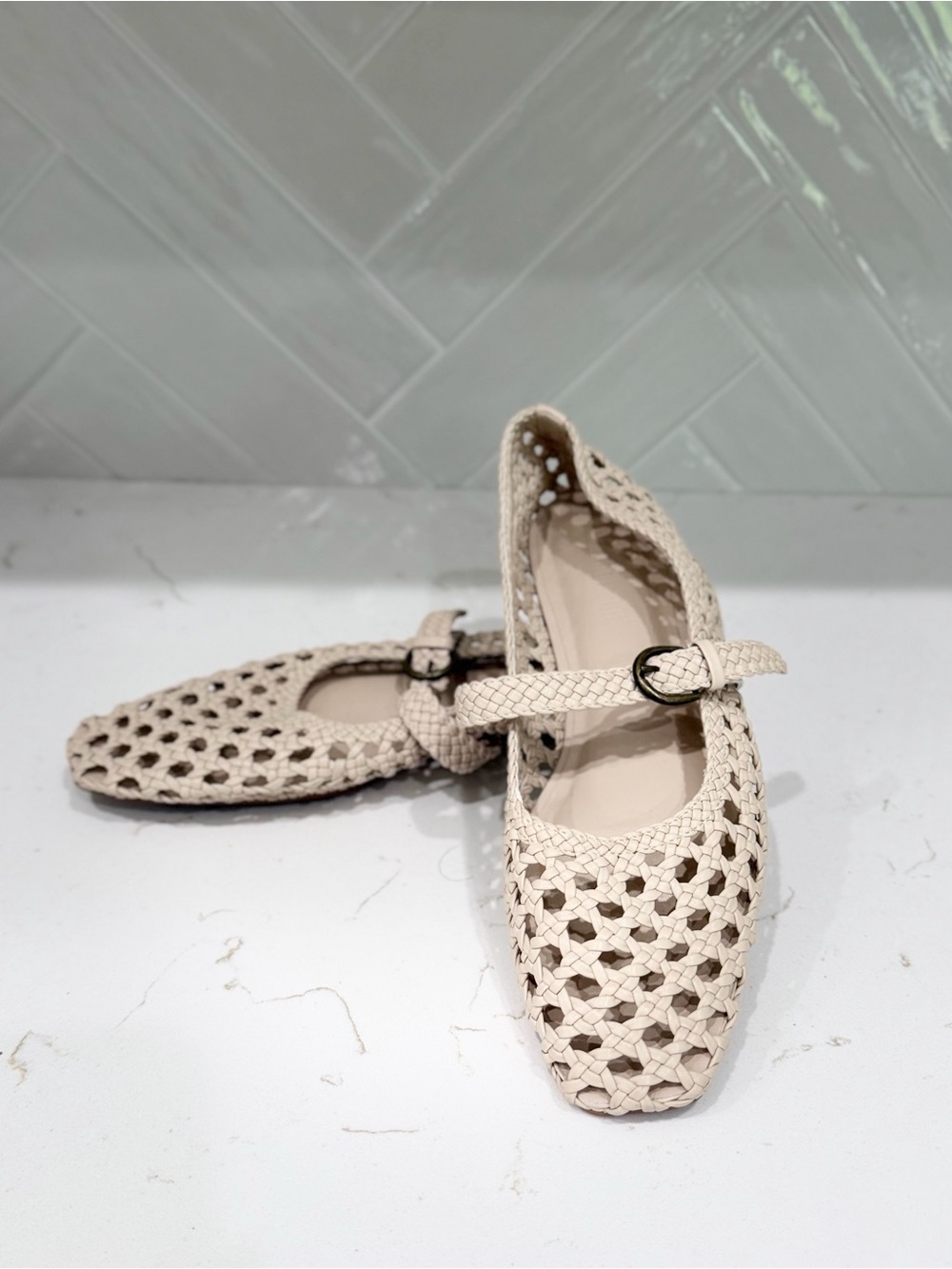 CUSHIONAIRE Weston Woven Mary Jane Ballet Flats Cream Size 7M